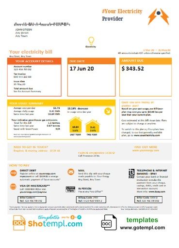 # electric fare universal multipurpose utility bill download example in Word format