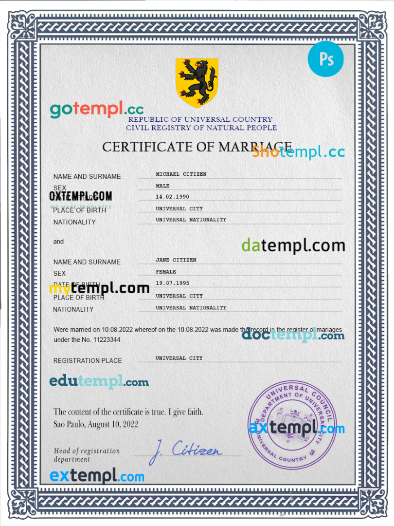 # experienced universal marriage certificate PSD example, completely editable