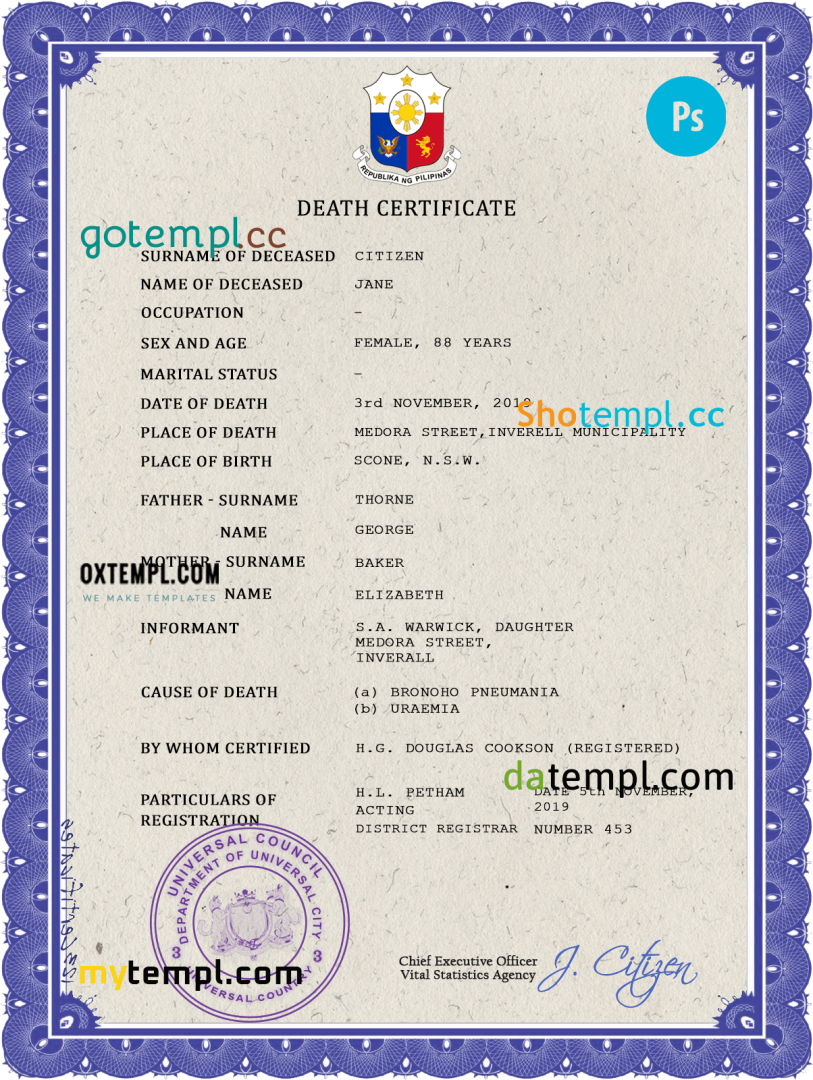# faith death universal certificate PSD example, completely editable