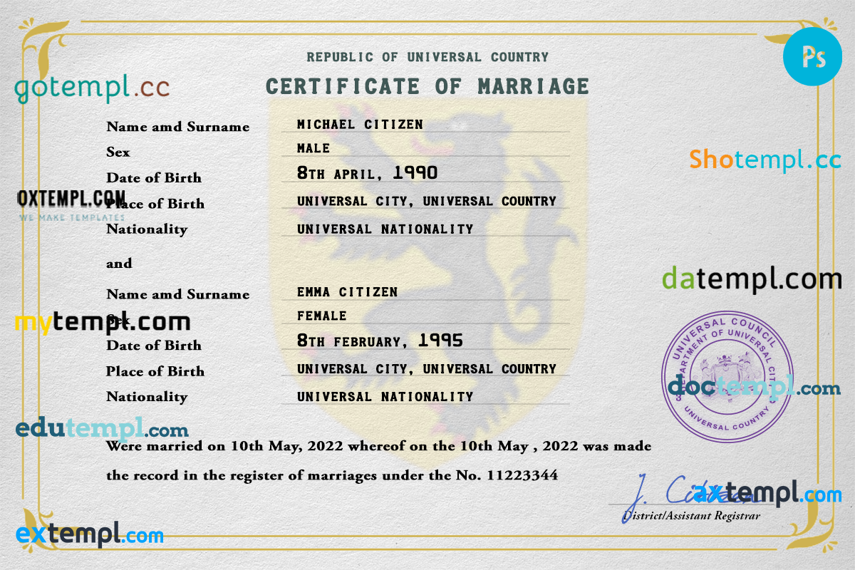 # fine universal marriage certificate PSD example, fully editable