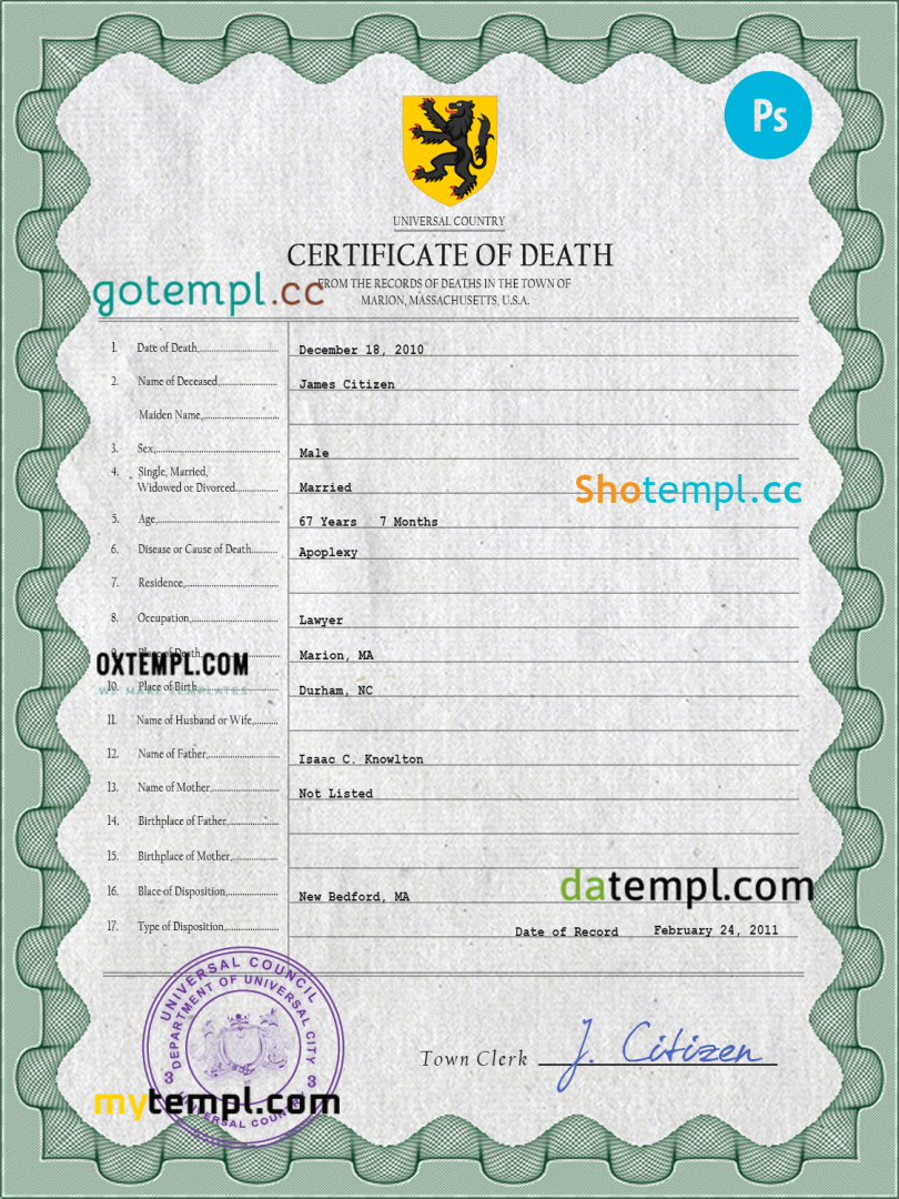 # flight death universal certificate PSD example, completely editable