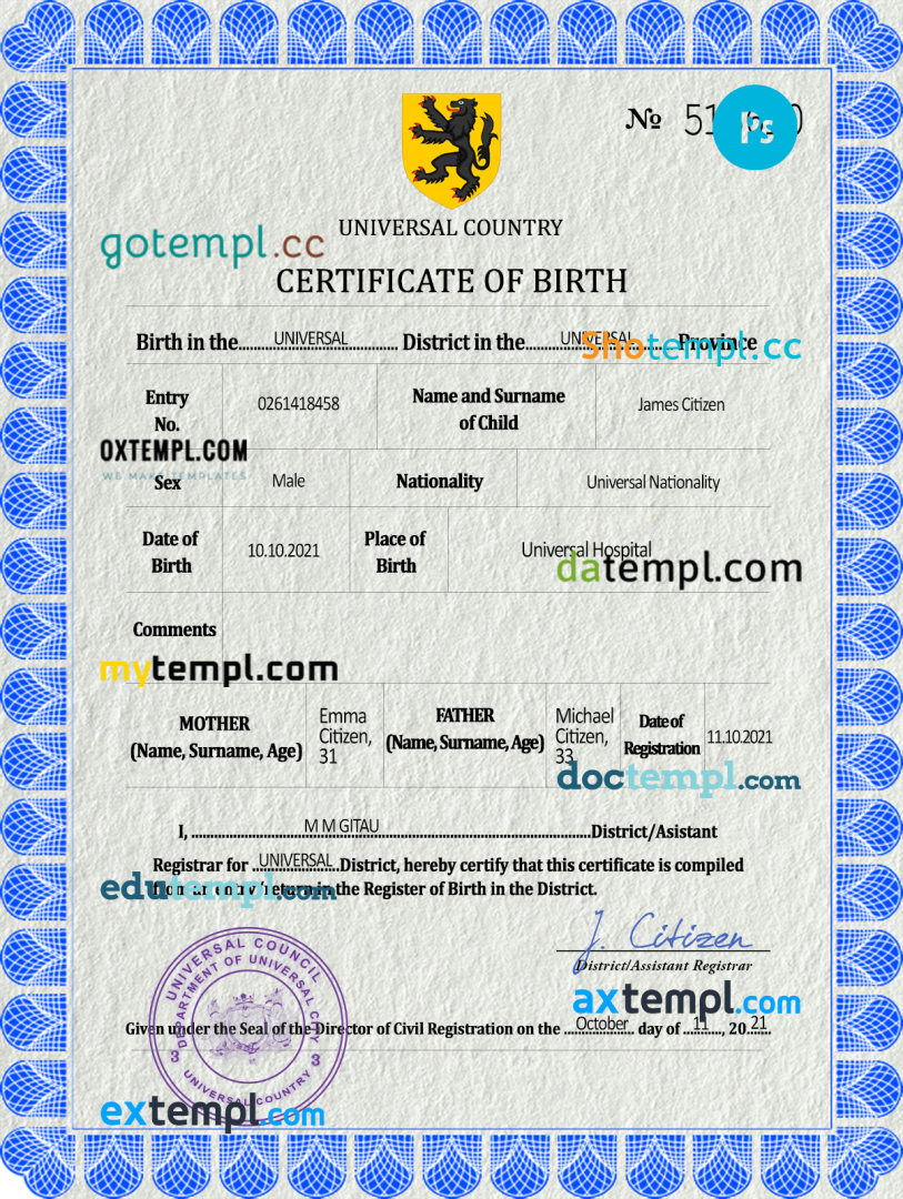 # flow universal birth certificate PSD example, fully editable