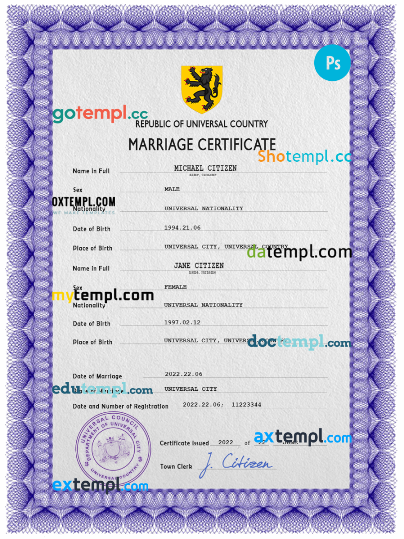 # focal universal marriage certificate PSD example, fully editable