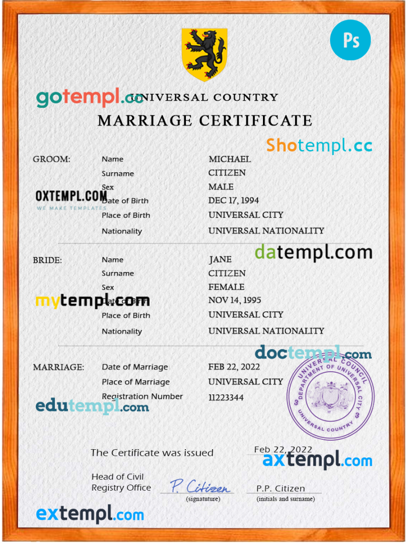 # foregorund universal marriage certificate PSD example, completely editable