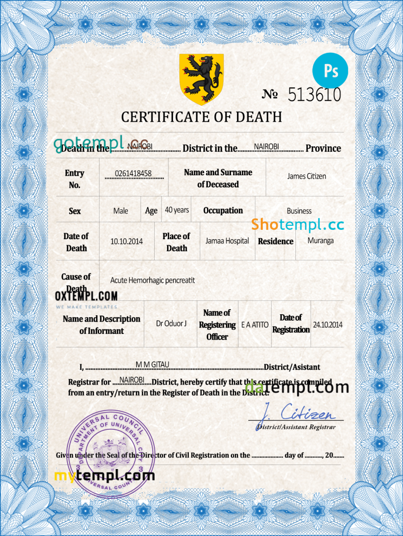 # foster death universal certificate PSD example, completely editable