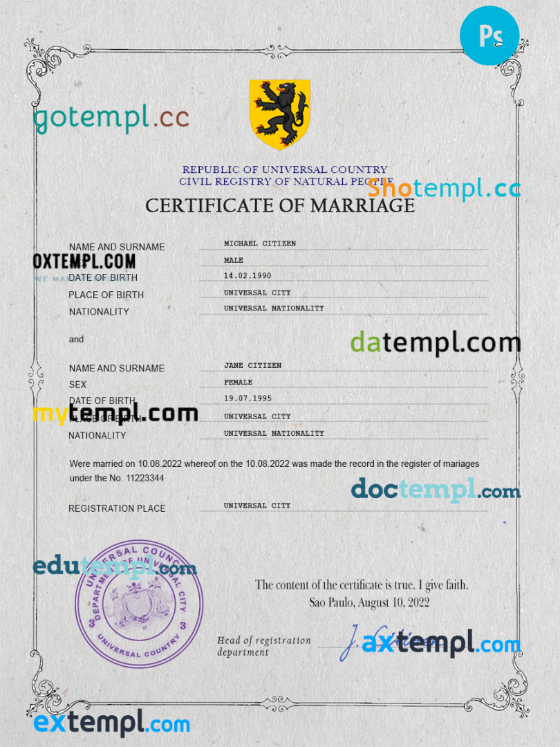 # gloss universal marriage certificate PSD example, completely editable