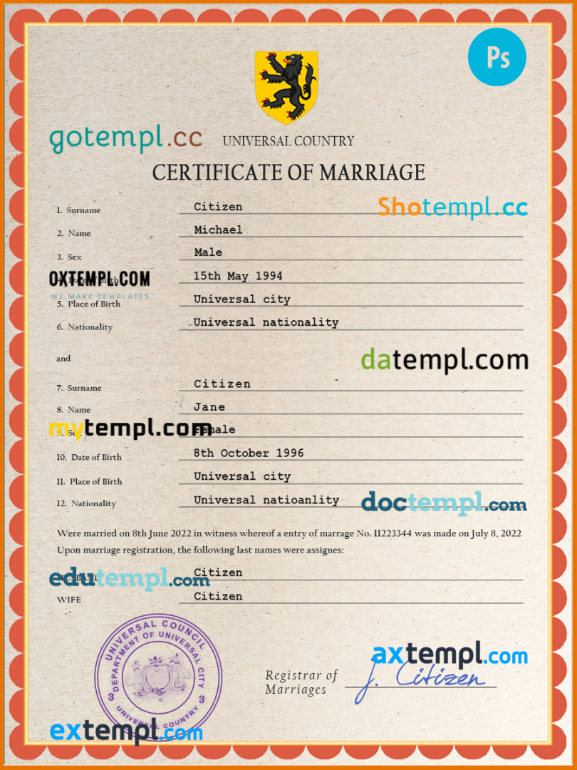 # grace universal marriage certificate PSD example, fully editable