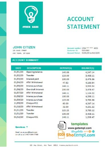 # green setting universal multipurpose bank statement 3 - 6 months example in Word format