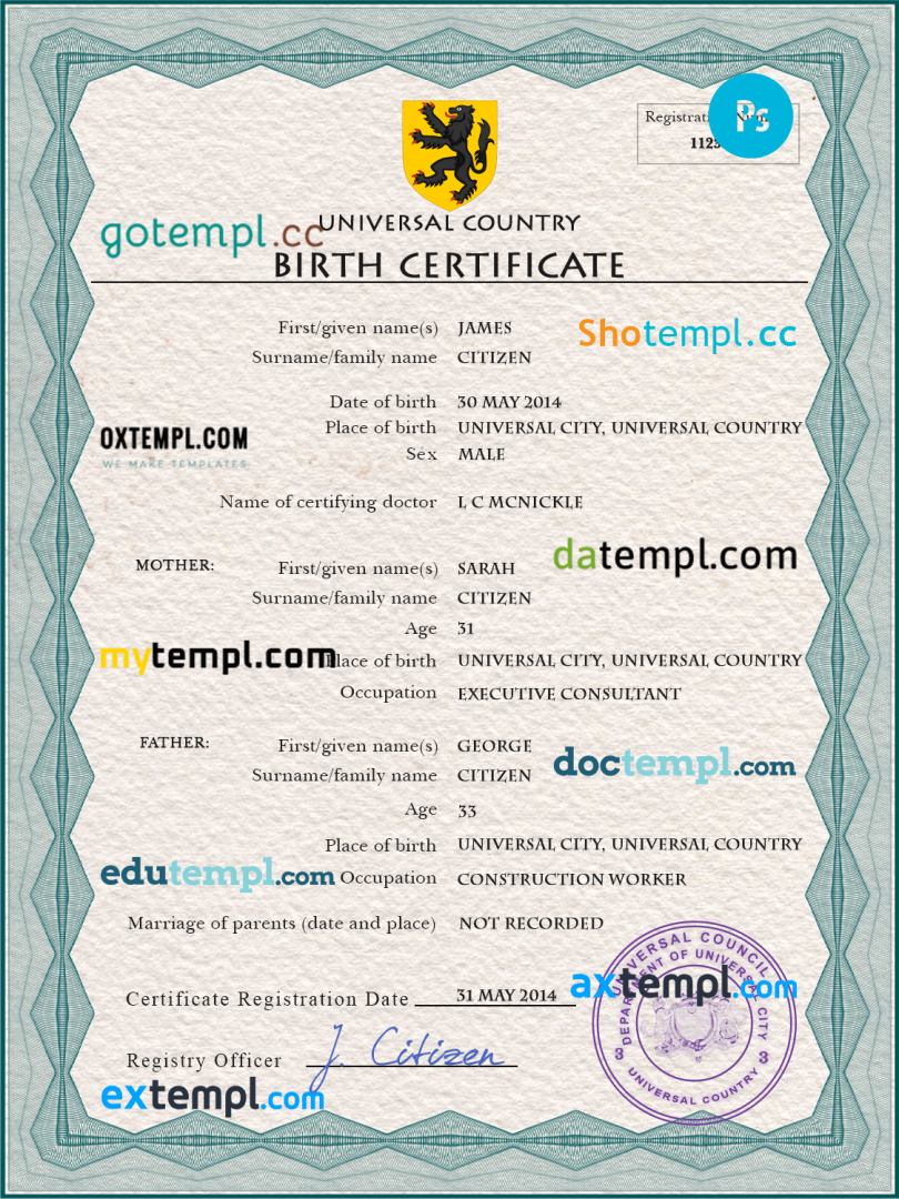 # honor universal birth certificate PSD example, completely editable