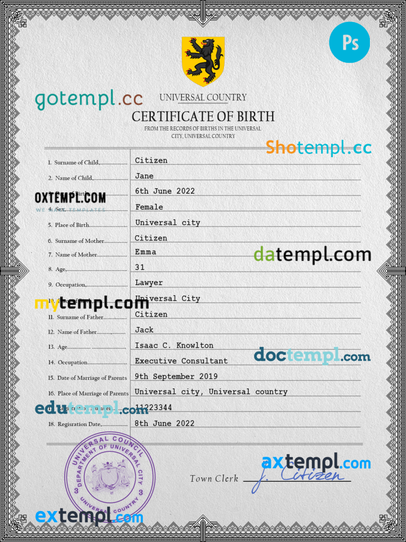 # horizon universal birth certificate PSD example, fully editable