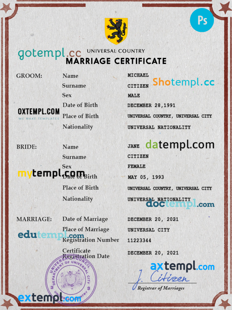 # iconic token universal marriage certificate PSD example, completely editable