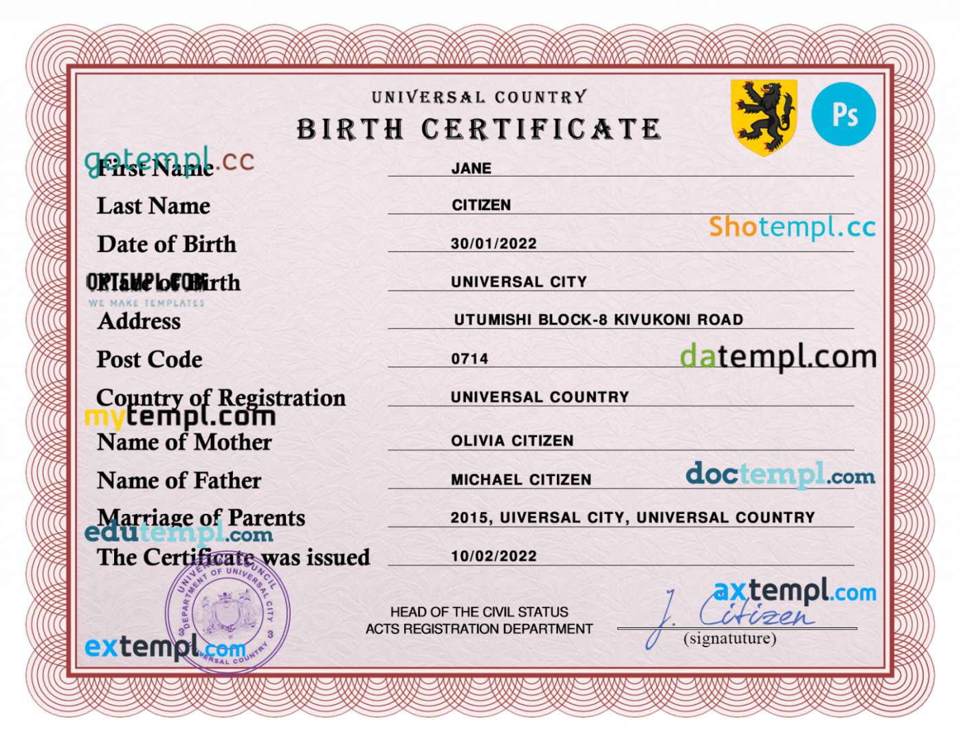 # inspire birth universal certificate PSD example, completely editable