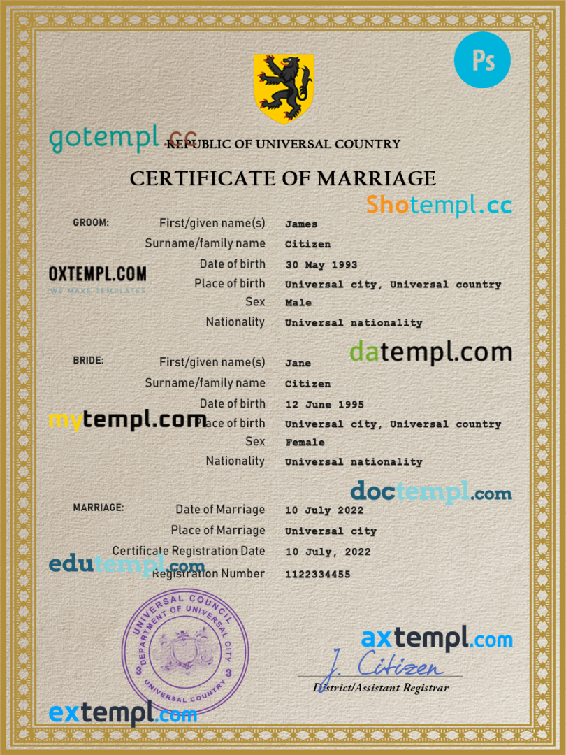 # instict universal marriage certificate PSD example, fully editable