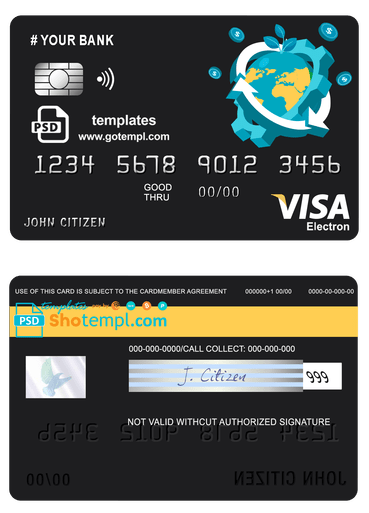 # jet world universal multipurpose bank visa electron credit card example in PSD format, fully editable