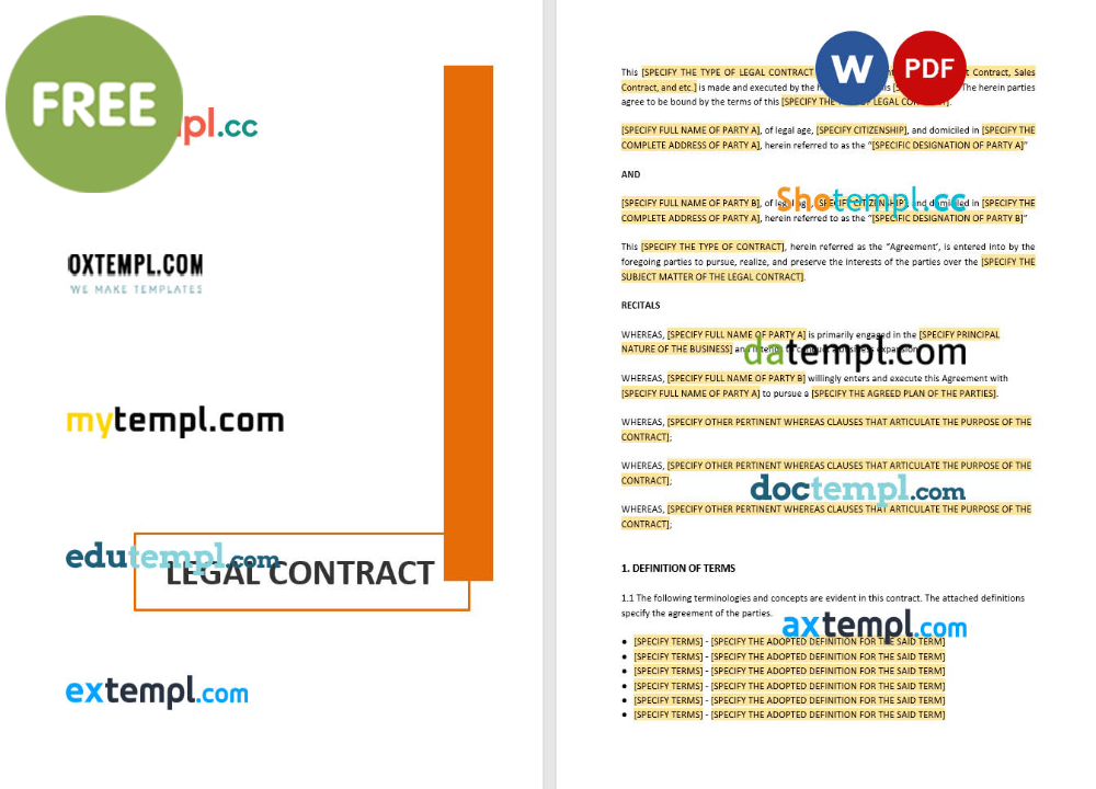 free download legal contract example, Word and PDF format