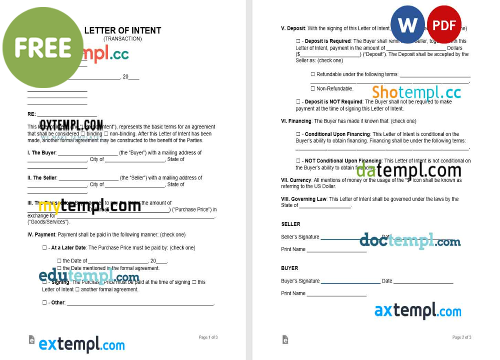 free download letter of intent example, Word and PDF format