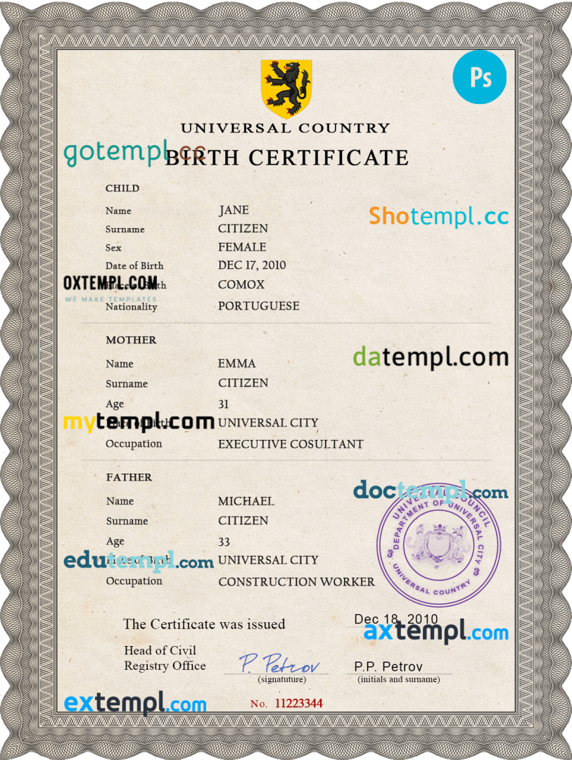 # limitless split universal birth certificate PSD example, fully editable