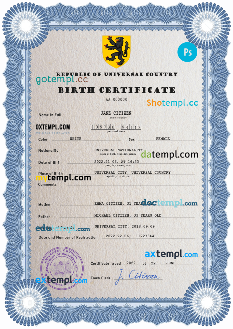 # loop editor universal birth certificate PSD example, completely editable