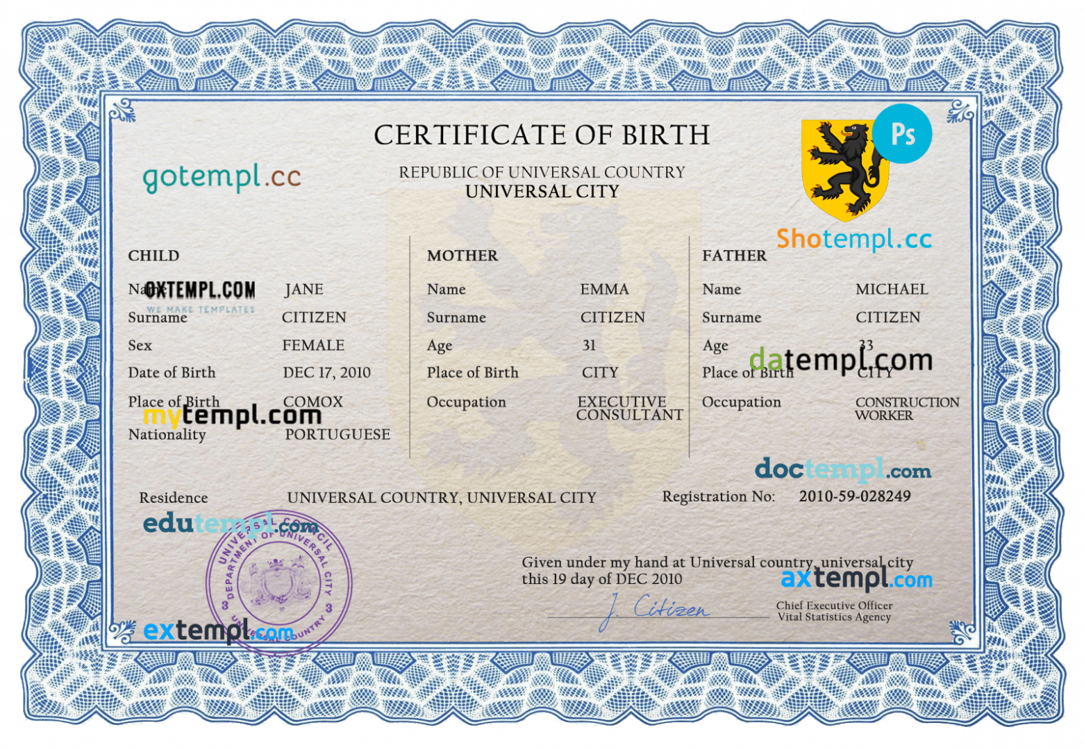 # made universal birth certificate PSD example, completely editable