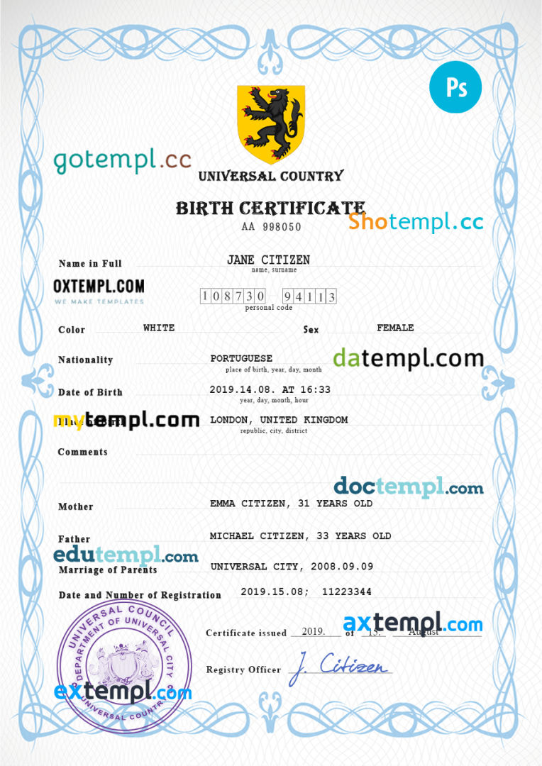 # major universal birth certificate PSD example, fully editable