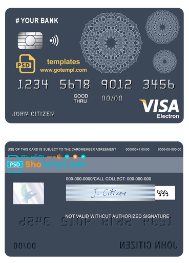 # mandala dream universal multipurpose bank visa electron credit card example in PSD format, fully editable