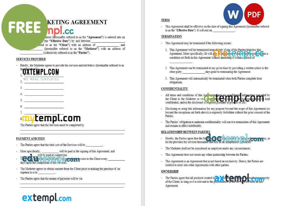 free download marketing agreement example, Word and PDF format