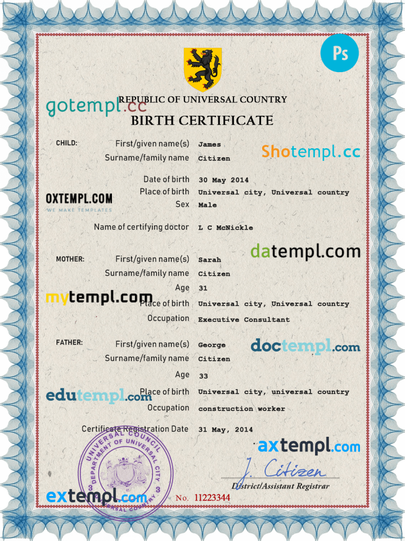 # mass project universal birth certificate PSD example, completely editable