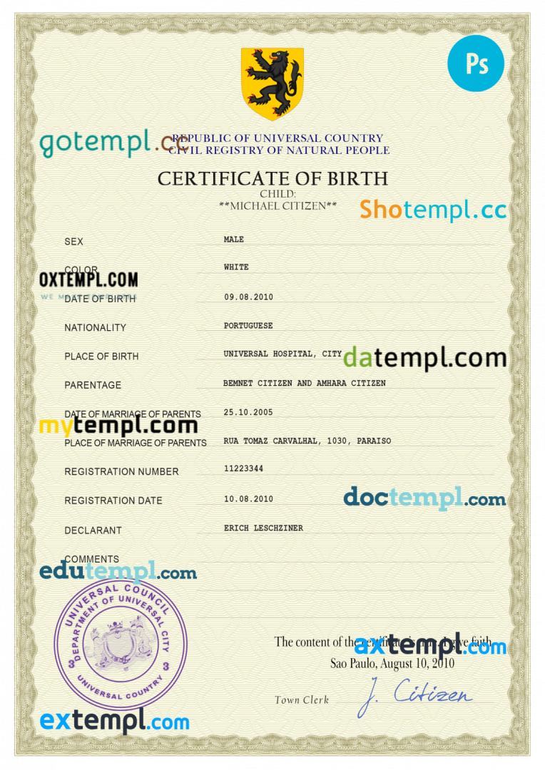 # master accord birth certificate universal PSD example