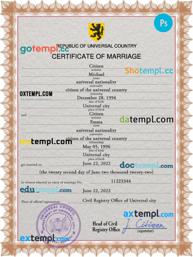 # microfilm universal marriage certificate PSD example, fully editable