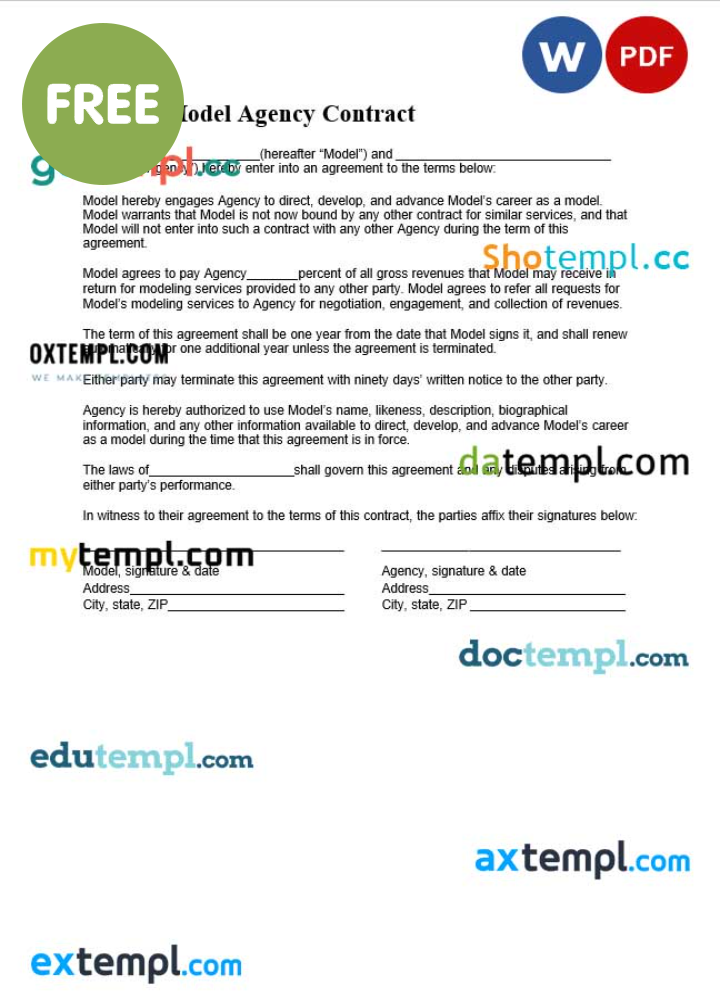 free download model agency contract example, Word and PDF format