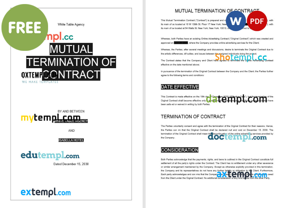free download mutual termination of contract example, Word and PDF format