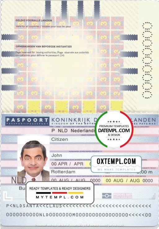 Dutch (Holland) passport example in PSD format, 2006-2016