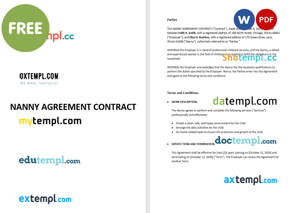 free download nanny agreement contract example, Word and PDF format