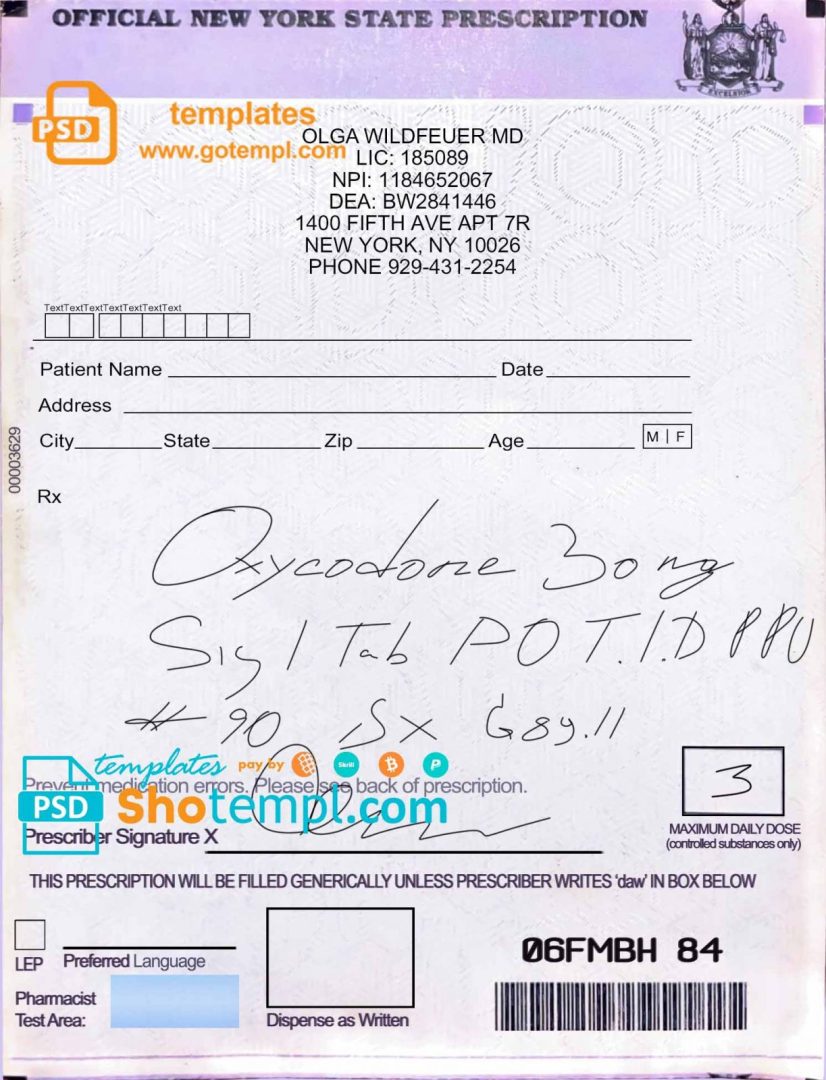USA New York state prescription example in PSD format, fully editable