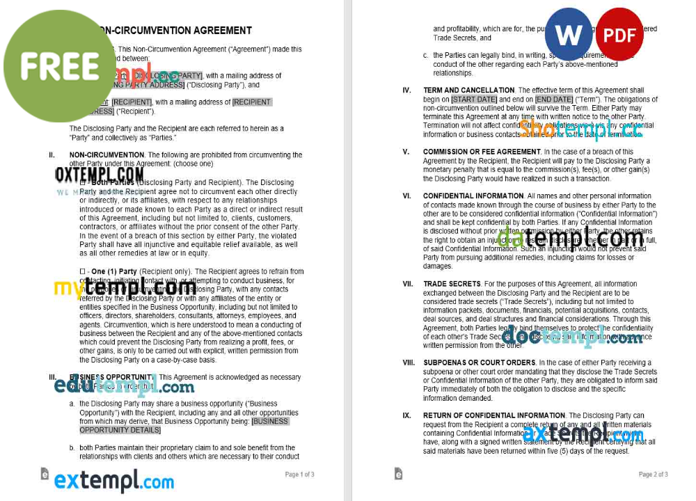 free download non-circumvention agreement example, Word and PDF format