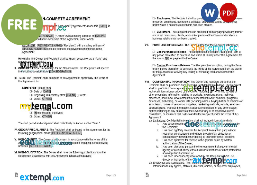 free download non-compete agreement example, Word and PDF format, version 2