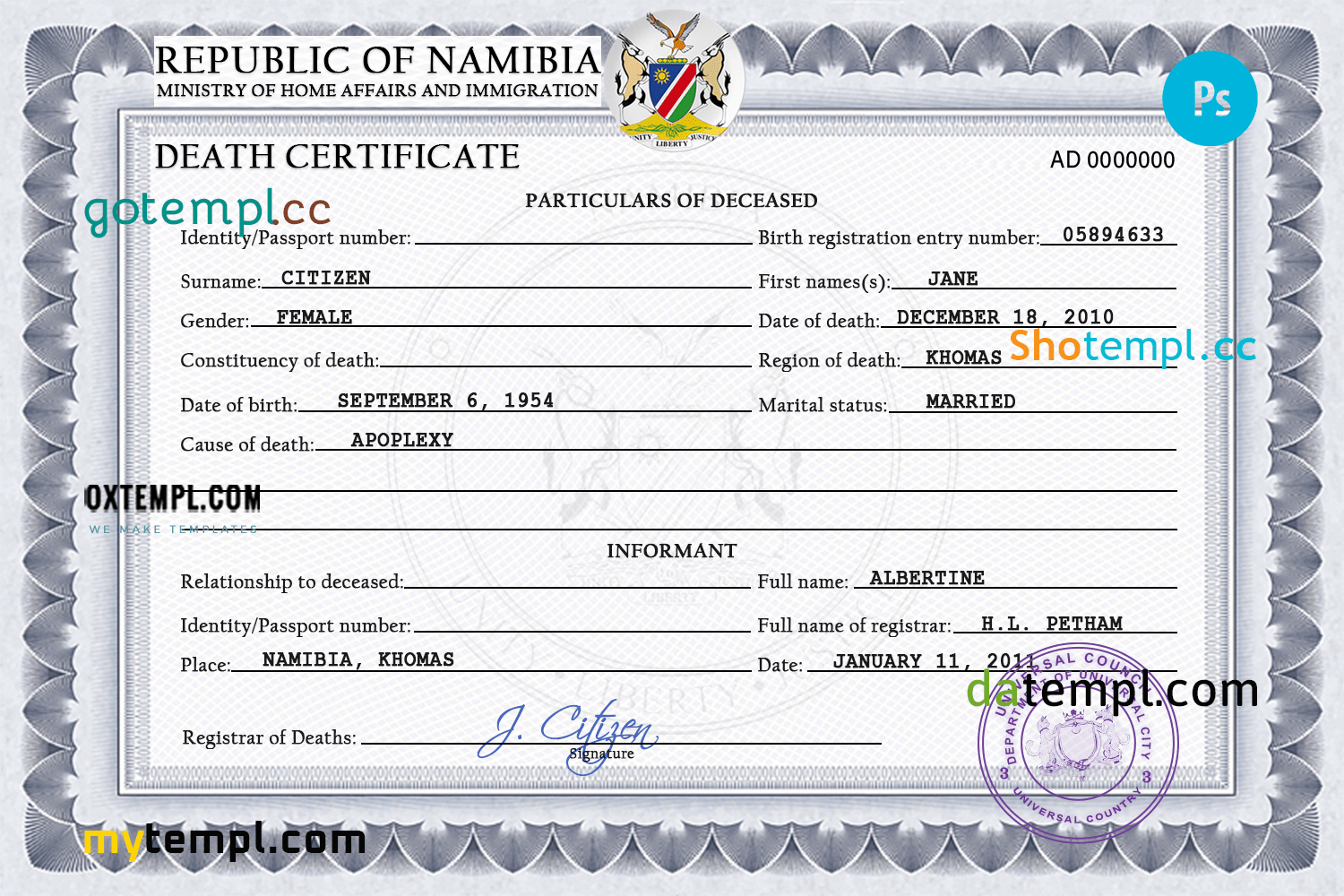 # of deluxe vital record download death certificate universal PSD example