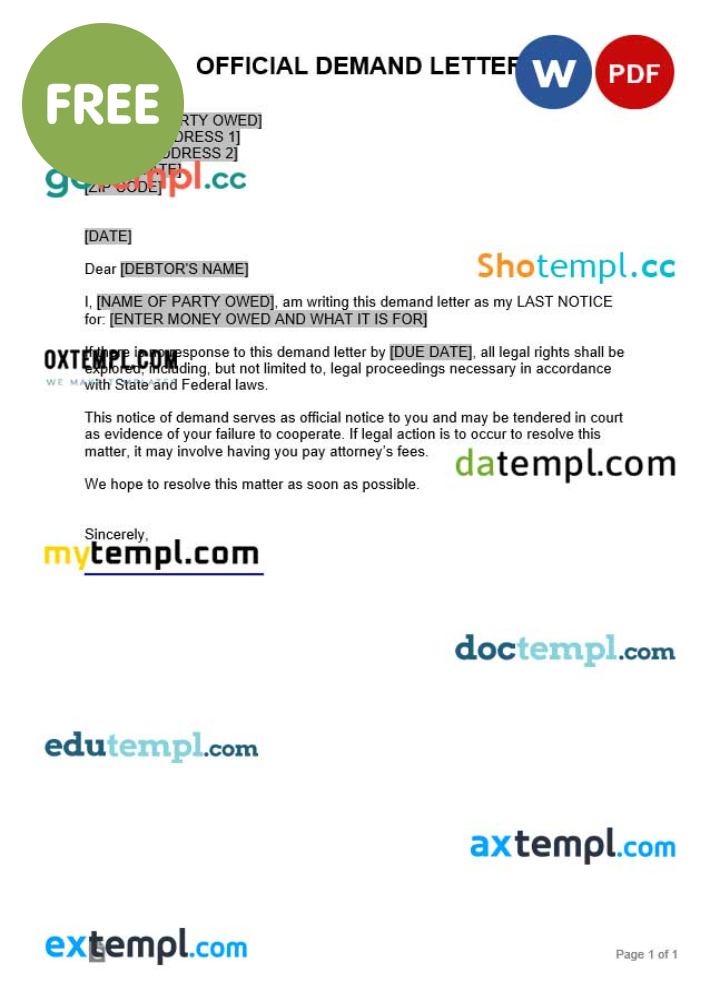 free download offical demand letter example, Word and PDF format