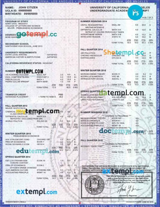 official undergraduate academic transcript from the University of California, Los Angeles, 2 pages
