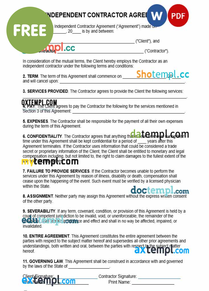 free download one page independent contractor agreement example, Word and PDF format