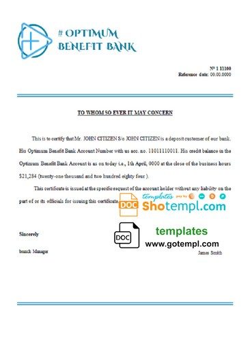 # optimum benefit bank universal multipurpose bank account reference example in Word and PDF format