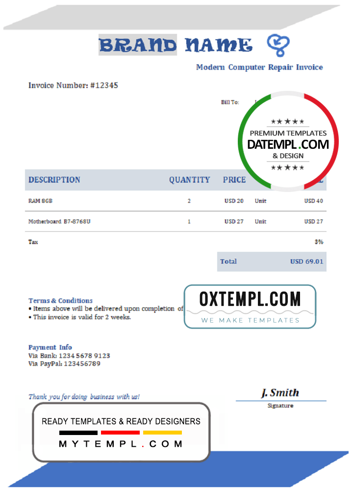 # auto macro universal multipurpose invoice example in Word and PDF format, fully editable