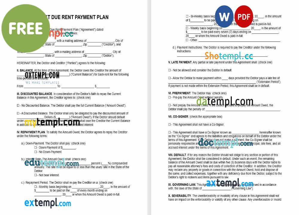free download past due rent payment plan example, Word and PDF format
