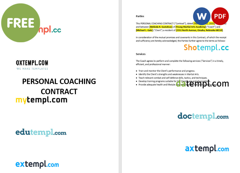 free download personal coaching contract example, Word and PDF format