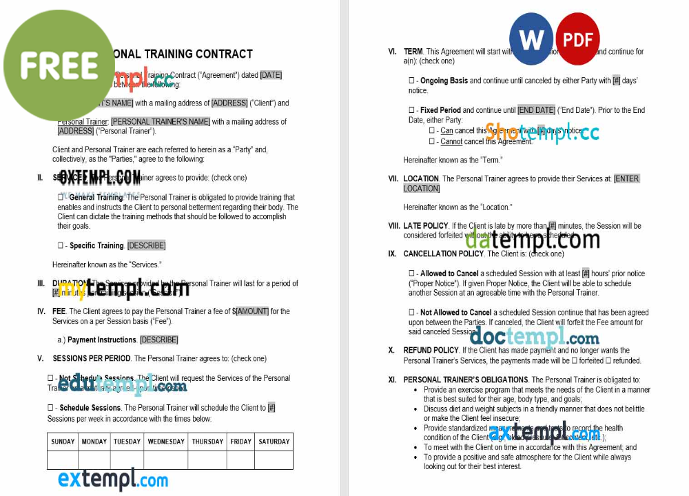 free download personal training contract example, Word and PDF format