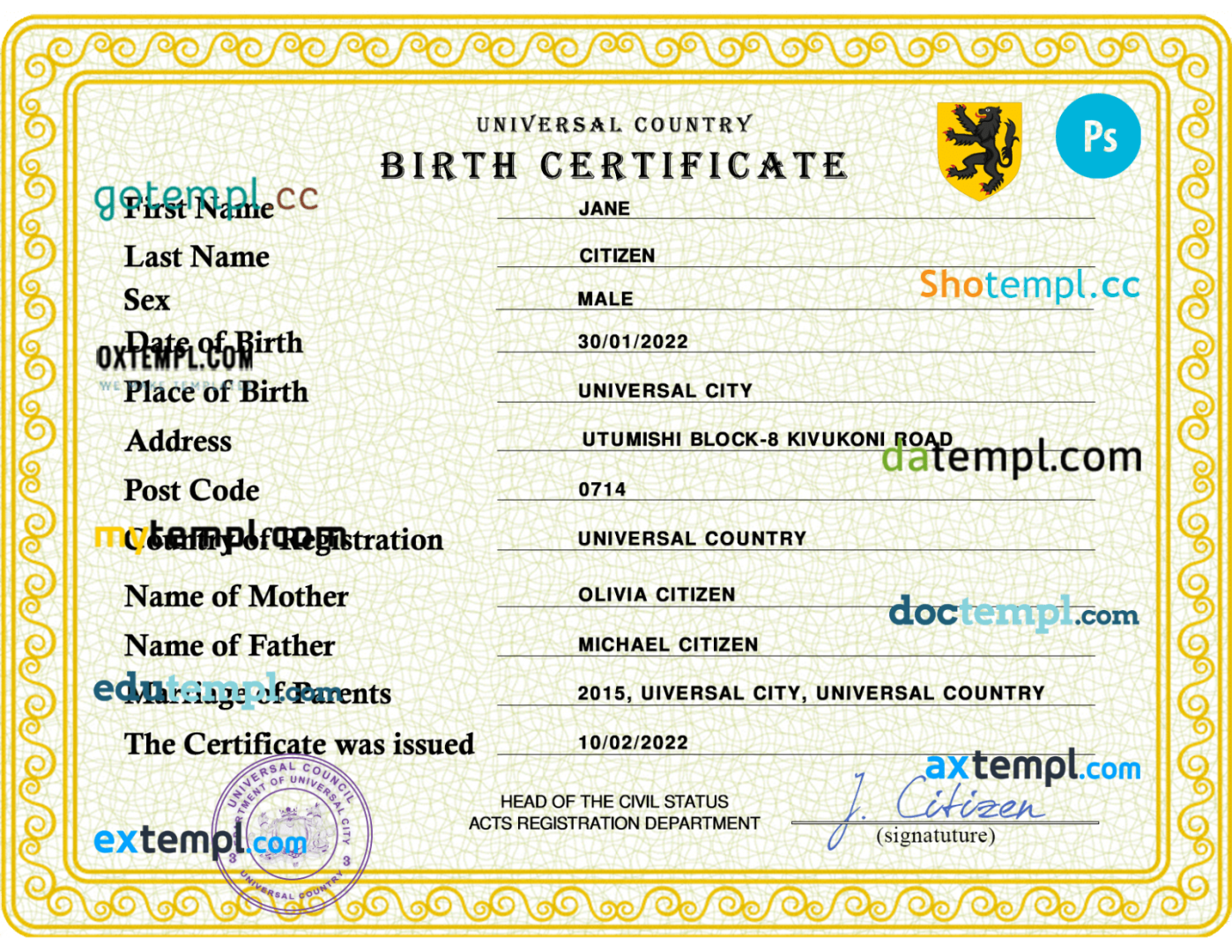 # power universal birth certificate PSD example, completely editable