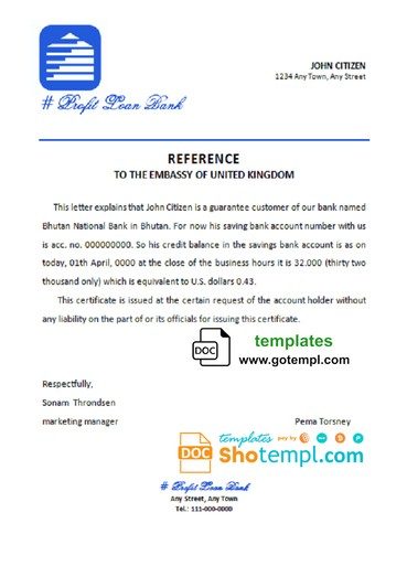 # profit loan bank universal multipurpose bank account reference example in Word and PDF format