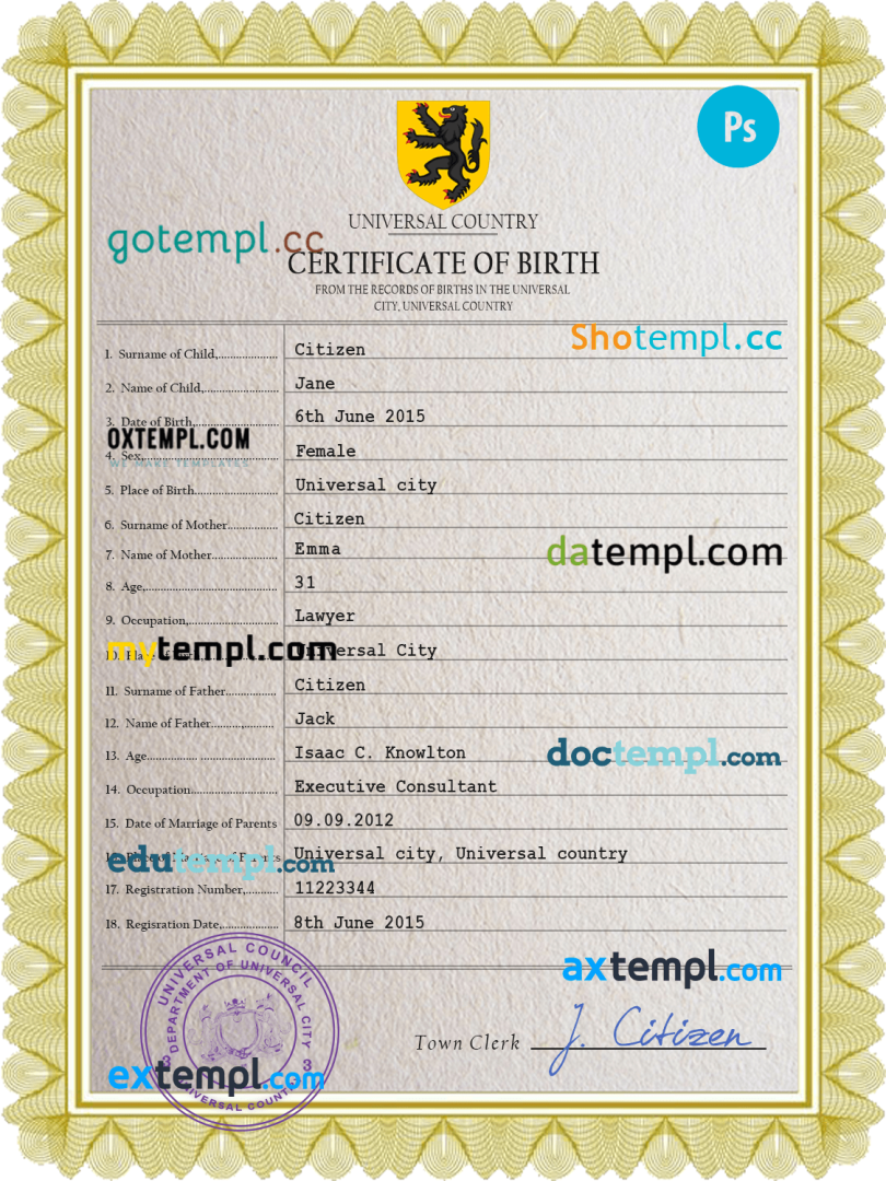 # praise universal birth certificate PSD example, completely editable
