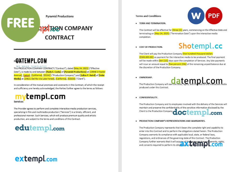 free download production company contract example, Word and PDF format