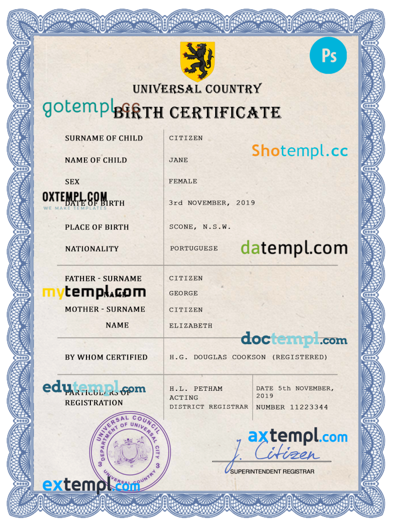 # prosper universal birth certificate PSD example, fully editable